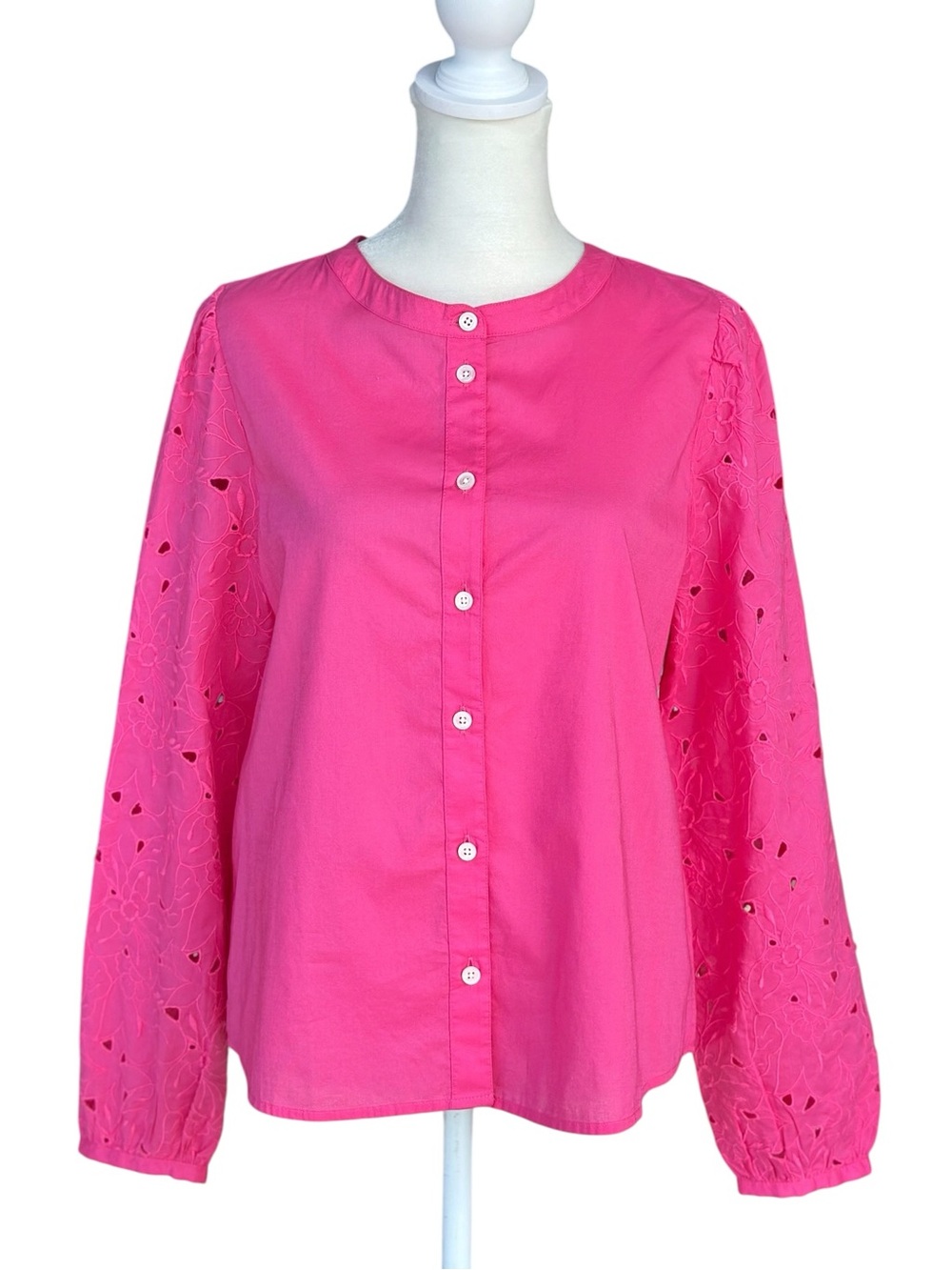 J. Crew Factory Women's Eyelet-sleeve button-down Shirt Vivid Begonia Pink Small